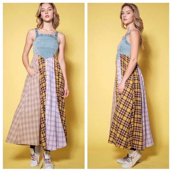 Boho Denim Multi Fabric Pleated Suspender Dress - Picture 4 of 5